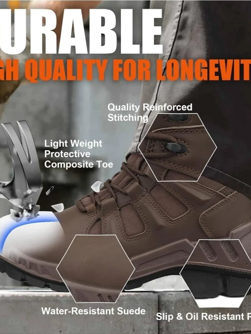 Ouxx Men's 6'' Composite Toe Work Boots, Slip Resistant ShoesSize 8.5